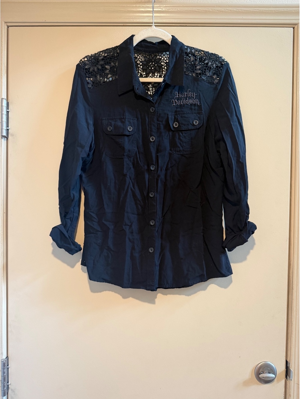 Harley-Davidson Women's Black Button-Up Shirt with Floral Lace Detail, Size M